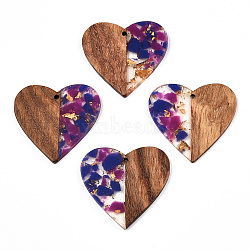 Transparent Resin & Walnut Wood Pendants, with Gold Foil, Heart Charms, Dark Orchid, 37x39x3mm, Hole: 2mm(RESI-TAC0017-73-A05)