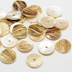 Flat Round Natural Akoya Shell Beads, Mother of Pearl Shell Beads, Camel, 15x2~3mm, Hole: 1mm, about 1440pcs/bag(SHEL-N034-13)