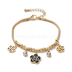 Crystal Rhinestone & Enamel Flower Charm Bracelet with Snake Chains, Ion Plating(IP) 304 Stainless Steel Jewelry for Women, Golden, 6-1/4 inch(16cm)(BJEW-C022-03G)