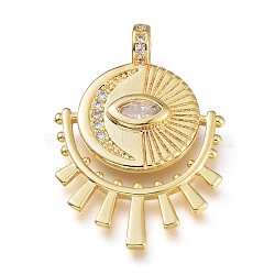 Brass Micro Pave Clear Cubic Zirconia Pendants, Eye with Moon, Golden, Clear, 32x21.5x3.5mm, Hole: 3mm(X-KK-M206-51G-02)