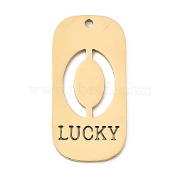 304 Stainless Steel Pendants, Oval with Number 0 & Word Lucky, Ion Plating(IP), Real 18K Gold Plated, 35x17x1.5mm, Hole: 1.8mm(STAS-D200-02A-G)