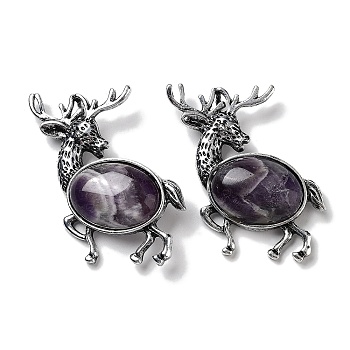 Alloy Elk Brooches, with Natural Amethyst, Antique Silver, 49.5x49x14mm