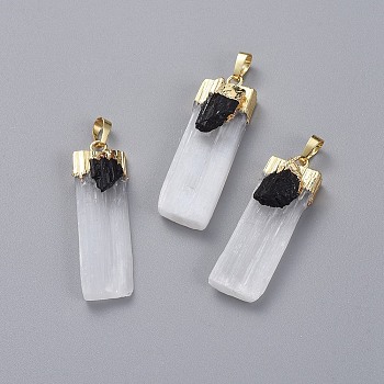 Natural Calcite Big Pendants, with Natural Black Tourmaline and Brass Findings, Rectangle, Golden, 50~75x15~20x8~11mm, Hole: 7.5x5mm