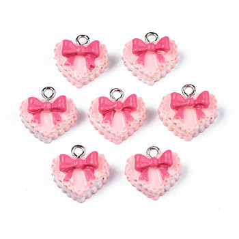 Resin Pendants, with Iron Findings, Heart Cake with Bowknot, Pink, 14x15x9mm, Hole: 2mm