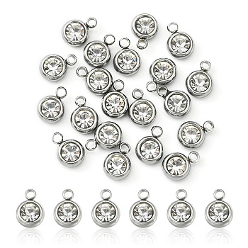 20Pcs 201 Stainless Steel Rhinestone Charms, Birthstone Necklace Charms, Flat Round, Stainless Steel Color, Crystal, 8.5x6x3mm, Hole: 1.5mm