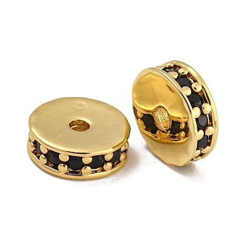 Rack Plating Brass Micro Pave Cubic Zirconia Beads, Lead Free & Cadmium Free, Real 18K Gold Plated, Long-Lasting Plated, Round, Black, 8x2.5mm, Hole: 1.5mm