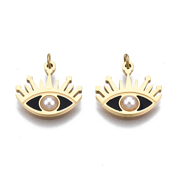 316 Surgical Stainless Steel Enamel Charms, with Jump Rings and ABS Plastic Imitation Pearl Bead, Real 14K Gold Plated, Eye, Black, 11x12x1mm, Jump Ring: 2.7x0.4m, 1.9mm inner diameter