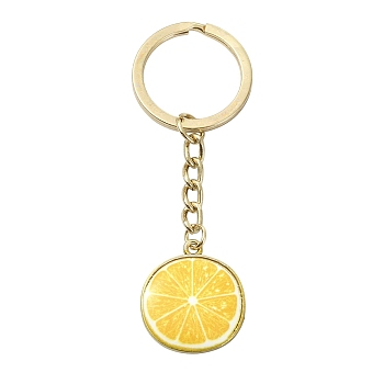 Alloy Enamel Keychains, with Iron Rings, Light Gold, Lemon, 82mm, Pendant: 25.8mm