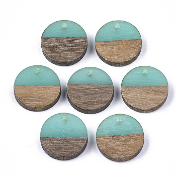 Resin & Wood Pendants, Flat Round, Pale Turquoise, 14~15x3~4mm, Hole: 1.8mm