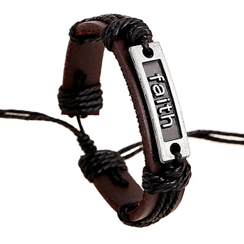 Adjustable Cowhide Cord Bracelets for Men, Word Faith Alloy Links Bracelets, Antique Silver, 6-3/4 inch(17cm)