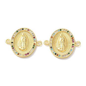 Rack Plating Brass Cubic Zirconia Virgin Mary Oval Connector Charms, Long-Lasting Plated, Lead Free & Cadmium Free, Real 18K Gold Plated, Colorful, 20x23x2.5mm, Hole: 1.6mm