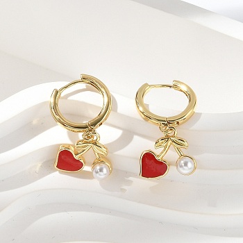 Heart Brass ABS Imitation Pearl Hoop Earrings, with Enamel, Rack Plating, Long-Lasting Plated, Lead Free & Cadmium Free, Real 18K Gold Plated, 26.5x12.5mm