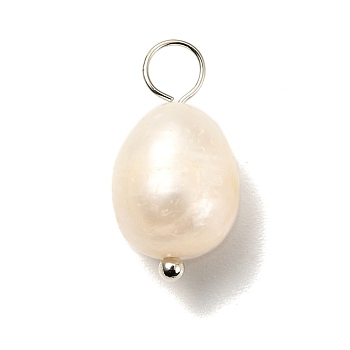 Natural Cultured Freshwater Pearl Pendants, with Brass Ball Head Pins, Rice, Platinum, 17~18mm, Hole: 3.5mm