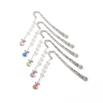 Alloy Bookmarks, Acrylic Imitation Pearl Beaded Angel Pendants Bookmarks, Mixed Color, 123x20x3mm