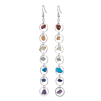 7 Chakra Theme Natural & Synthetic Mixed Gemstone Chips Dangle Earrings, Alloy Long Drop Earrings, Silver, 120x12mm