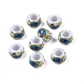 Flower Printed Opaque Acrylic Rondelle Beads, Large Hole Beads, White, 15x9mm, Hole: 7mm