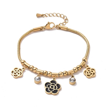 Crystal Rhinestone & Enamel Flower Charm Bracelet with Snake Chains, Ion Plating(IP) 304 Stainless Steel Jewelry for Women, Golden, 6-1/4 inch(16cm)