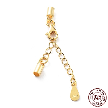 925 Sterling Silver Curb Chain Extender, End Chains with Lobster Claw Clasps and Cord Ends, Teardrop Chain Tabs, with S925 Stamp, Golden, 24mm.
