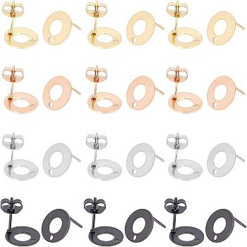 Unicraftale 32Pcs 4 Colors Ion Plating(IP) 304 Stainless Steel Stud Earring Findings, with Loop & Earring Backs, Flat Round, Mixed Color, 10x1mm, Hole: 1.5mm, 8pcs/color