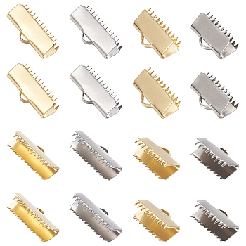 304 Stainless Steel Ribbon Crimp Ends, Rectangle, Golden & Stainless Steel Color, 7.5~9.5x8.5~20.5mm, Hole: 1mm, 48pcs/box
