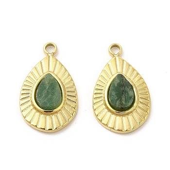 Natural African Jade Teardrop Charms, with Vacuum Plating Real 18K Gold Plated 201 Stainless Steel Findings, 13x9x2.5mm, Hole: 1.2mm