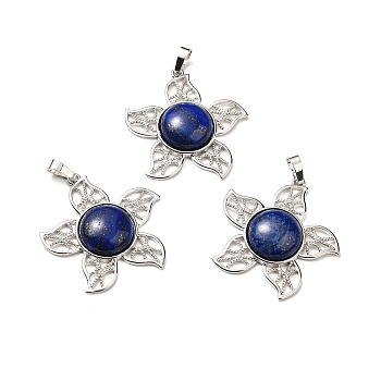 Natural Lapis Lazuli Dyed Pendants, Flower Charms, with Rack Plating Platinum Tone Brass Findings, Cadmium Free & Lead Free, 38x37x7~7.5mm, Hole: 8x5mm
