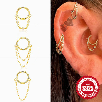 925 Sterling Silver Hoop Cartilage Earrings, with Double Chains, Golden, 8mm