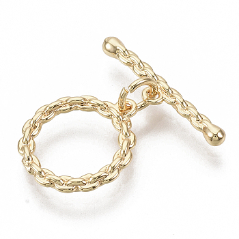 Brass Toggle Clasps, Nickel Free, Ring, Real 18K Gold Plated, 21mm, Bar: 20x4x2.5mm, hole: 1.2mm, Ring: 15x13.5x2mm, hole: 1.2mm, Jump Ring: 5x1mm