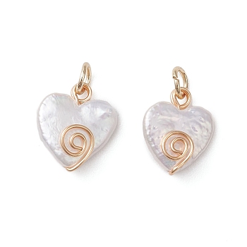 Natural Keshi Pearl Heart Charms, with Eco-Friendly Copper Wire Wrapped, White, Golden, 13~13.5x10.5~13x4~4.5mm, Jump Ring: 4.6x0.8mm, Inner Diameter: 3.5mm