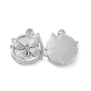 Alloy Crystal Rhinestone Pendants, Flat Round with Butterfly Charms, Platinum, 17.5x15x3mm, Hole: 1.6mm