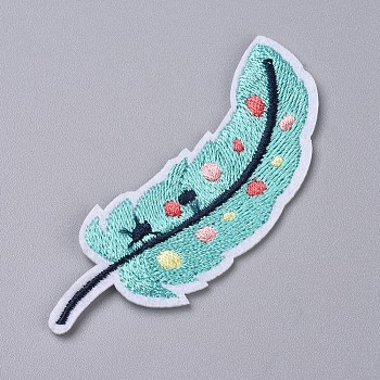 Computerized Embroidery Cloth Iron on/Sew on Patches, Costume Accessories, Appliques, for Backpacks, Clothes, Feather, Cyan, 76x28x1.5mm