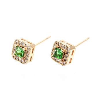 Green Glass Square Stud Earrings with Cubic Zirconia, Brass Jewelry for Women, Nickel Free, Real 18K Gold Plated, 7x7mm, Pin: 0.7mm