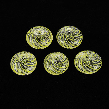 Transparent Handmade Blown Glass Globe Beads, Stripe Pattern, Flat Round, Yellow, 14~15x9mm, Hole: 1~2mm
