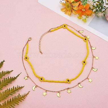 Glass Seed Braided Flower Double Layer Necklace(NJEW-SW00015-01)-3