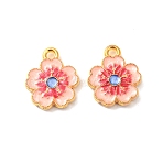 Alloy Enamel Pendants, Flower Charms, Golden, Pink, 14x11.5x2mm, Hole: 1.6mm(ENAM-B036-01G)