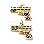 Brass Micro Pave Cubic Zirconia Pendants, Gun Shape Charms, Real 18K Gold Plated, Black, 20x16x2.5mm, Hole: 3mm(KK-H279-04G-01)