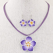 Flower Polymer Clay with Wax Cord Pendant Necklaces & Dangle Earrings Sets, Blue Violet, 400mm(FS-WG2CAA9-03)