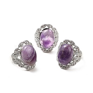Natural Amethyst Adjustable Rings, Platinum Tone Oval Brass Rings for Women, Cadmium Free & Lead Free, US Size 7 3/4(17.9mm), 3.5~5mm(RJEW-P043-04P-19)