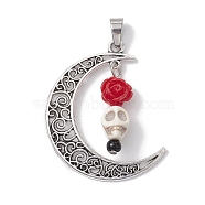 Halloween Synthetic Turquoise Skull Pendants, Alloy Hollow Moon Charms with Resin Rose, Antique Silver, Red, 41x35x8mm, Hole: 7x4mm(PALLOY-JF02650-01)