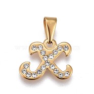 304 Stainless Steel Pendants, with Rhinestone, Letter, Letter.X, 14.5x18x2mm, Hole: 3~3.5x7.5~8mm(STAS-F202-16G-X)
