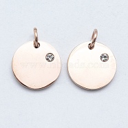 316 Surgical Stainless Steel Pendants, with Cubic Zirconia, Flat Round, Clear, Real Rose Gold Plated, 12x2mm, Hole: 3mm(STAS-J038-06RG)