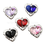 Rack Plating Alloy Resin Pendants, Glass Heart Charms, Long-Lasting Plated, Lead Free & Cadmium Free, Platinum, Mixed Color, 20x21x6.5mm, Hole: 1.5mm(PALLOY-K010-23P)