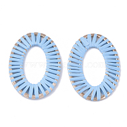 Handmade Raffia Woven Linging Rings, with Alloy Findings, Oval Ring, Light Gold, Deep Sky Blue, 48x34x2mm, Inner Diameter: 28.5x15.5mm(X-WOVE-Q077-22C)