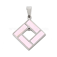 304 Stainless Steel Pendants, with Enamel, Rhombus Charm, Pearl Pink, 35.5x31.5x2mm, Hole: 9.5x4.5mm(STAS-F313-06P)