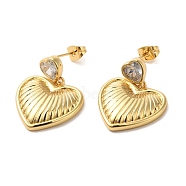 Heart Brass with Cubic Zirconia Heart Dangle Stud Earrings, Long-Lasting Plated, Cadmium Free & Lead Free, Real 18K Gold Plated, 26.5x20mm(EJEW-G382-26G)