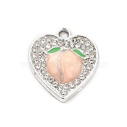 Alloy Enamel Pendants, with Rhinestone, Heart with Peach Charm, Platinum, 17.5x16x3.3mm, Hole: 1.8mm(ENAM-E004-05P)