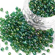 (Repacking Service Available) Round Glass Seed Beads, Transparent Colours Rainbow, Round, Green, 8/0, 3mm, about 12g/bag(SEED-C016-3mm-167B)
