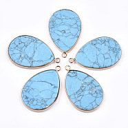 Synthetic Turquoise Pendants, with Brass Findings, teardrop, Golden, 39x25x3mm, Hole: 2mm(G-T112-22D)