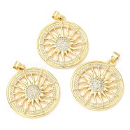Rack Plating Brass Micro Pave Cubic Zirconia Pendants, Long-Lasting Plated, Lead Free & Cadmium Free, Flat Round with Sun, Real 18K Gold Plated, 29.5x27x3mm, Hole: 4x3.5mm(KK-A185-17G)