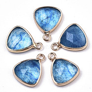 Glass Charms, with Light Gold Tone Brass Findings, Triangle, Faceted, Deep Sky Blue, 14x11x4mm, Hole: 1.5mm(GLAA-N040-004A)